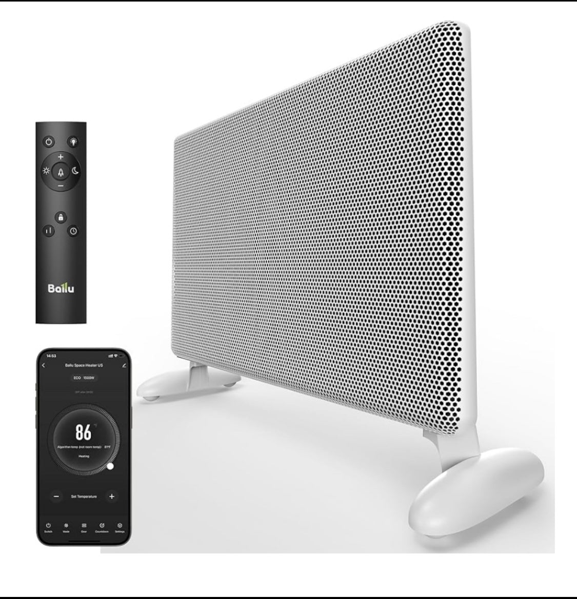 New Other Ballu Mica Electric Panel Infrared Indoor 1500W Space Heater With Program Thermostat, Wifi App Control, Portable Stand & Wall Mountable, Moon White