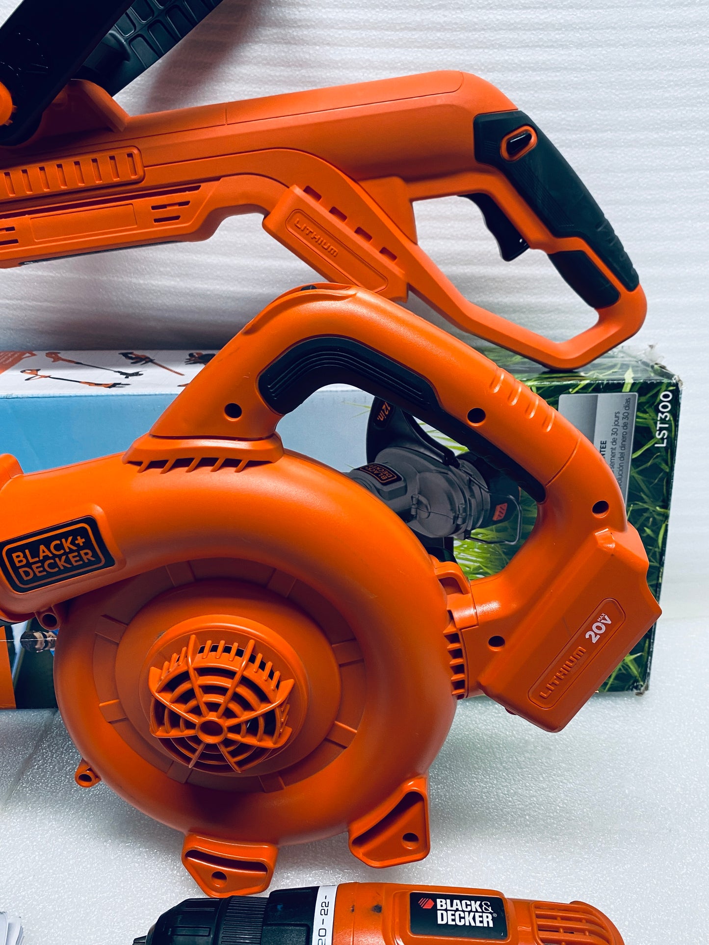 Lot Of 4 BLACK+DECKER 20V Cordless Drill/Driver, Leaf Blower, String Trimmer/Edger & Power Connect 2.0Ah Lithium Ion Battery