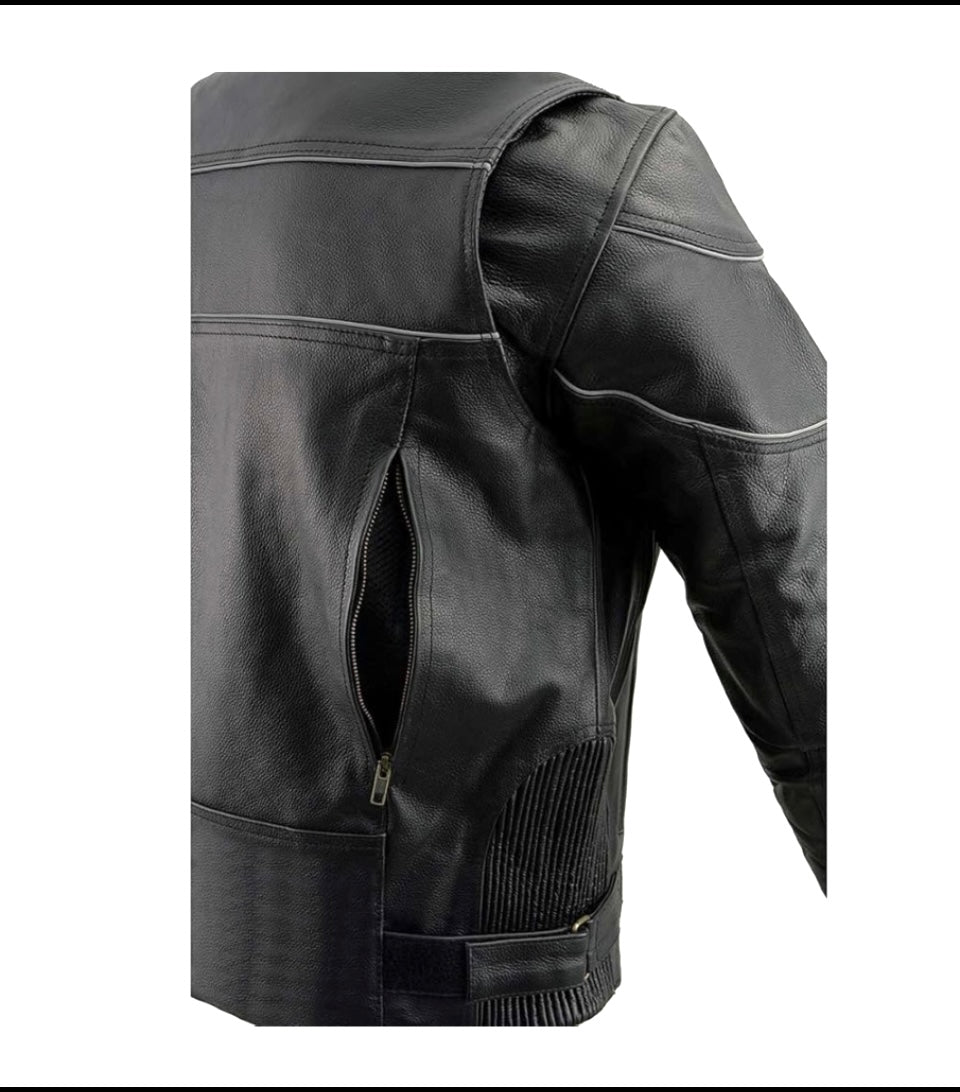 New Milwaukee Men's Black Leather Scooter Style Motorcycle Jacket, With Side Stretch & Reflective Piping, SH1785