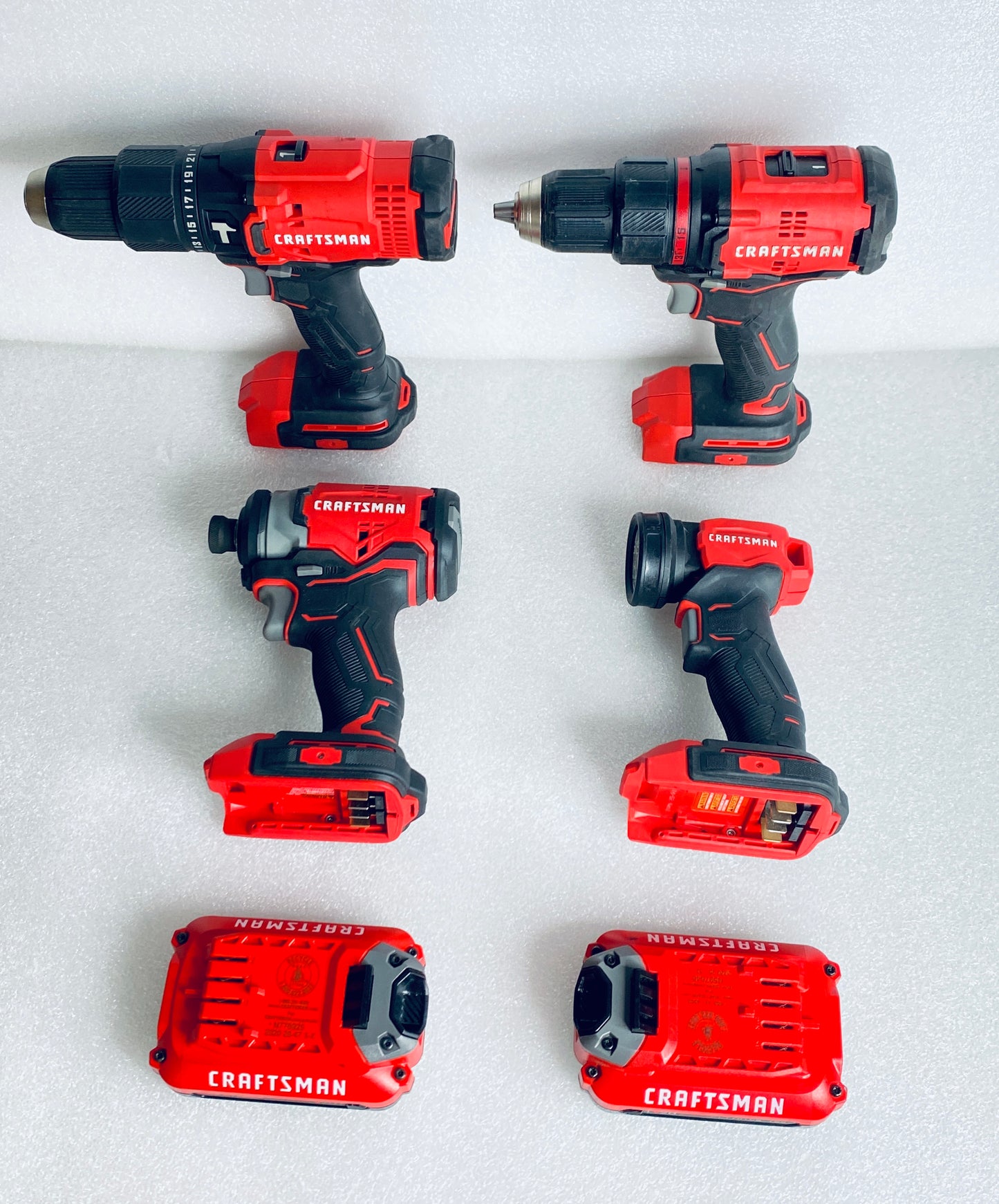 Lot Of 8 CRAFTSMAN V20 Cordless Hammer Drill, Impact Driver, Drill/Driver, LED Handheld Work Light, 2 Batteries, Charger & Carrying Bag