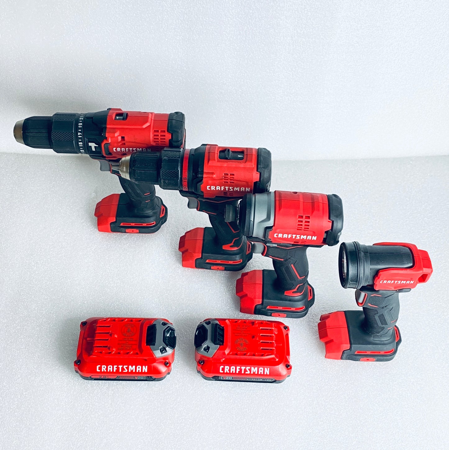 Lot Of 8 CRAFTSMAN V20 Cordless Hammer Drill, Impact Driver, Drill/Driver, LED Handheld Work Light, 2 Batteries, Charger & Carrying Bag