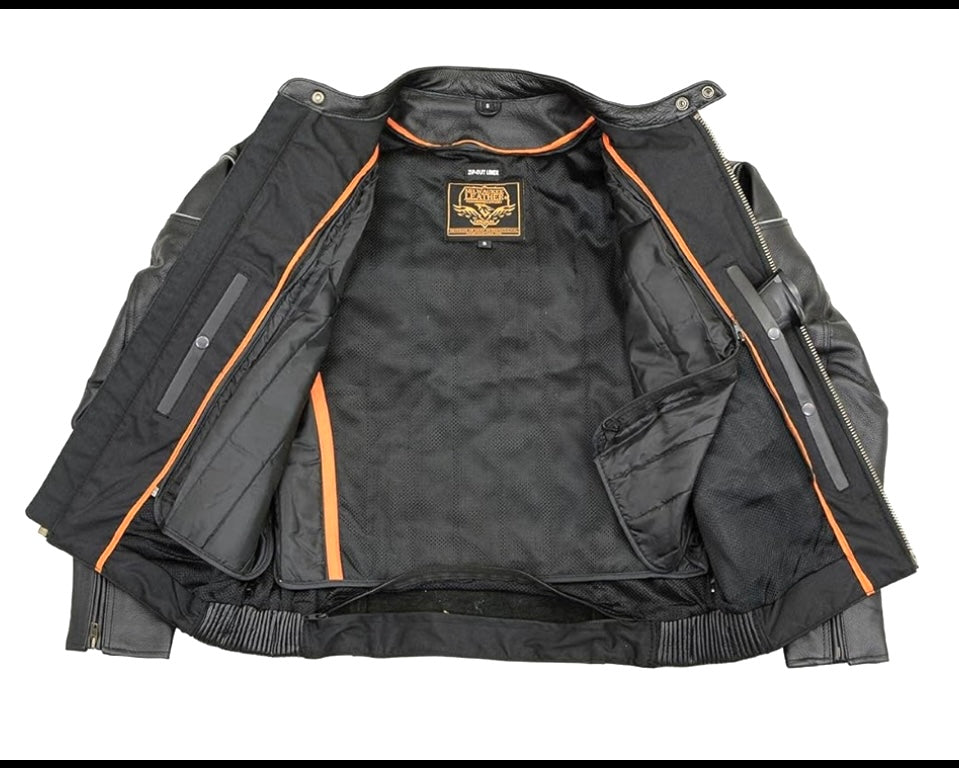 New Milwaukee Men's Black Leather Scooter Style Motorcycle Jacket, With Side Stretch & Reflective Piping, SH1785