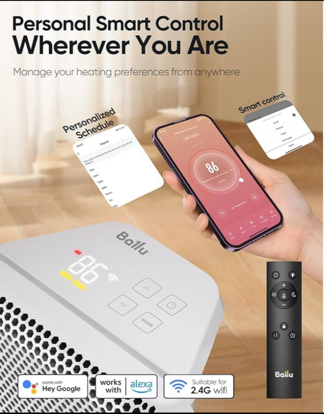 New Other Ballu Mica Electric Panel Infrared Indoor 1500W Space Heater With Program Thermostat, Wifi App Control, Portable Stand & Wall Mountable, Moon White