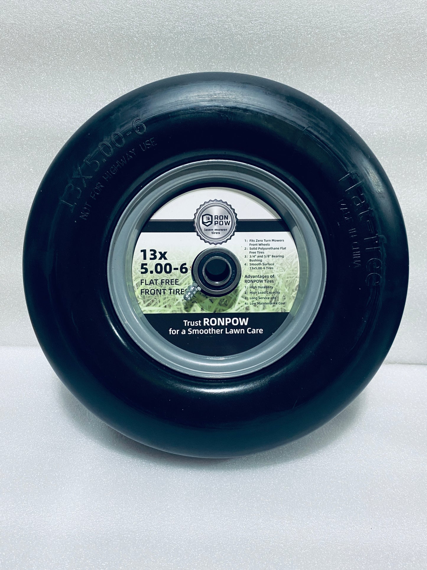 lot Of 2 New Other Run Pow 13x6.50-6 Front Flat Free Lawn Mower Tires For With 3/4" & 5/8" Bearing & 3.25"-7.65" Center Hub, Gray