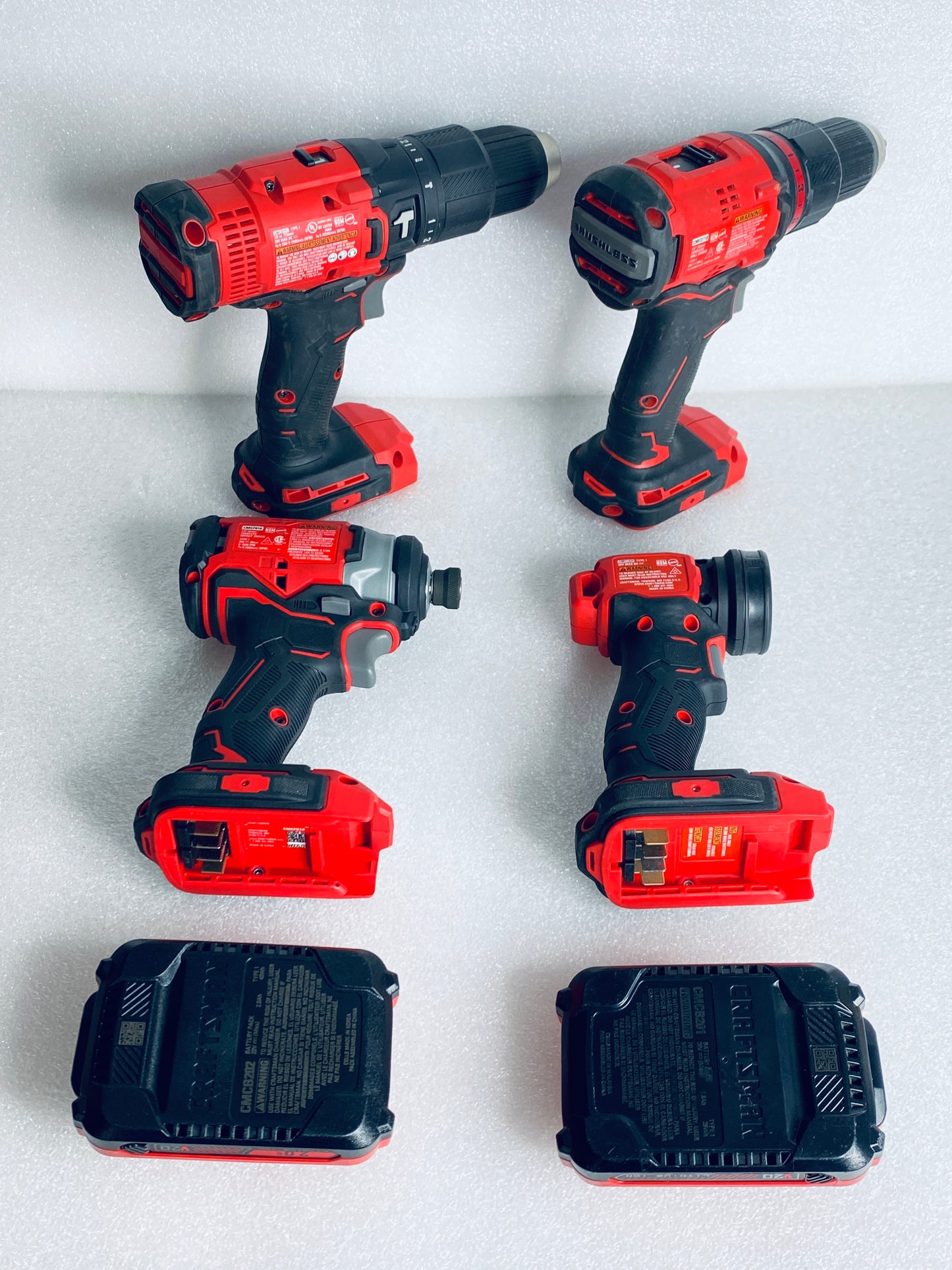 Lot Of 8 CRAFTSMAN V20 Cordless Hammer Drill, Impact Driver, Drill/Driver, LED Handheld Work Light, 2 Batteries, Charger & Carrying Bag