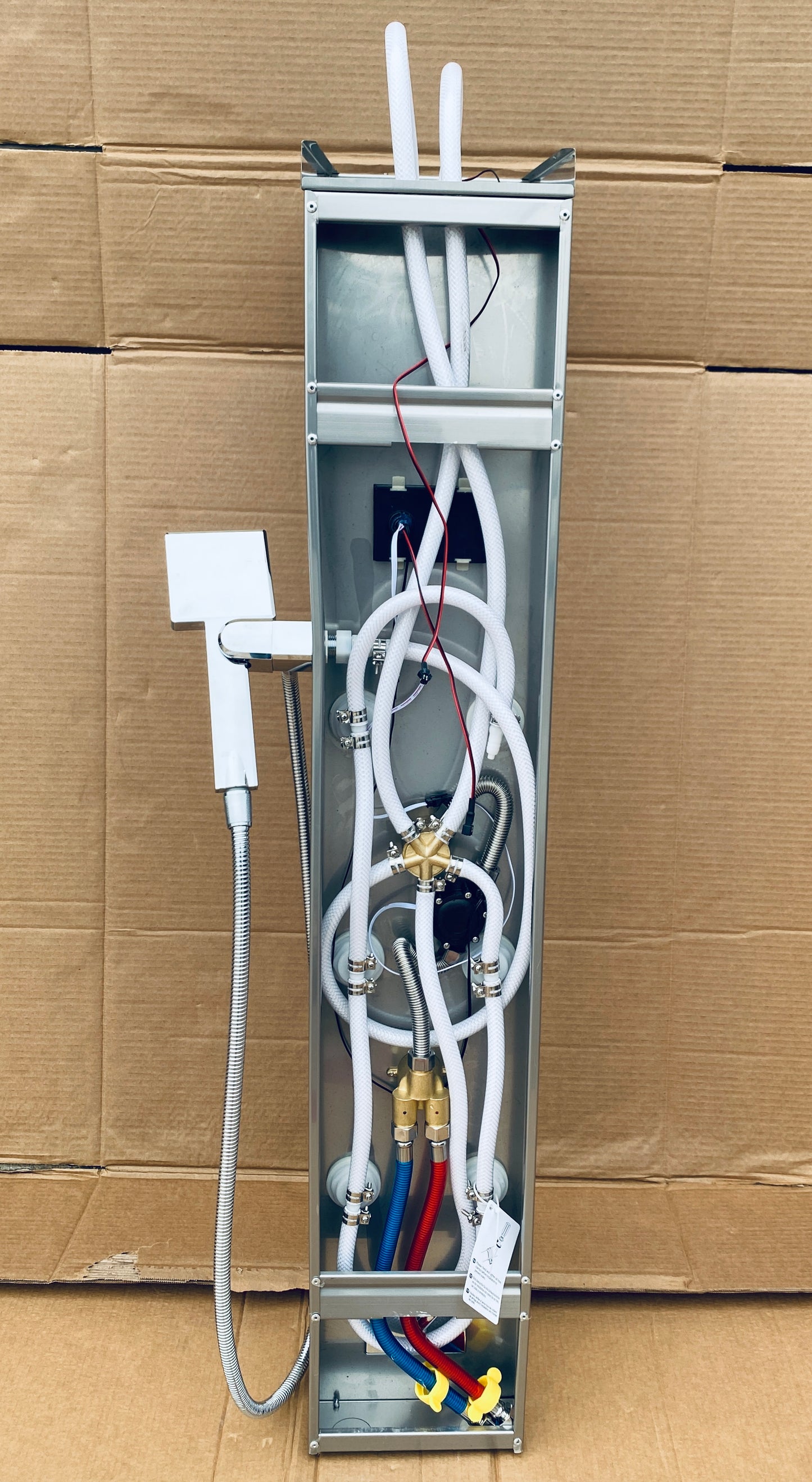 MENATT 5-In-1 Rainfall Shower Panel Tower System With LED Lights, Temperature Display, Pull Away Hand Shower & 6 Massage Body Jets, Brushed Nickel