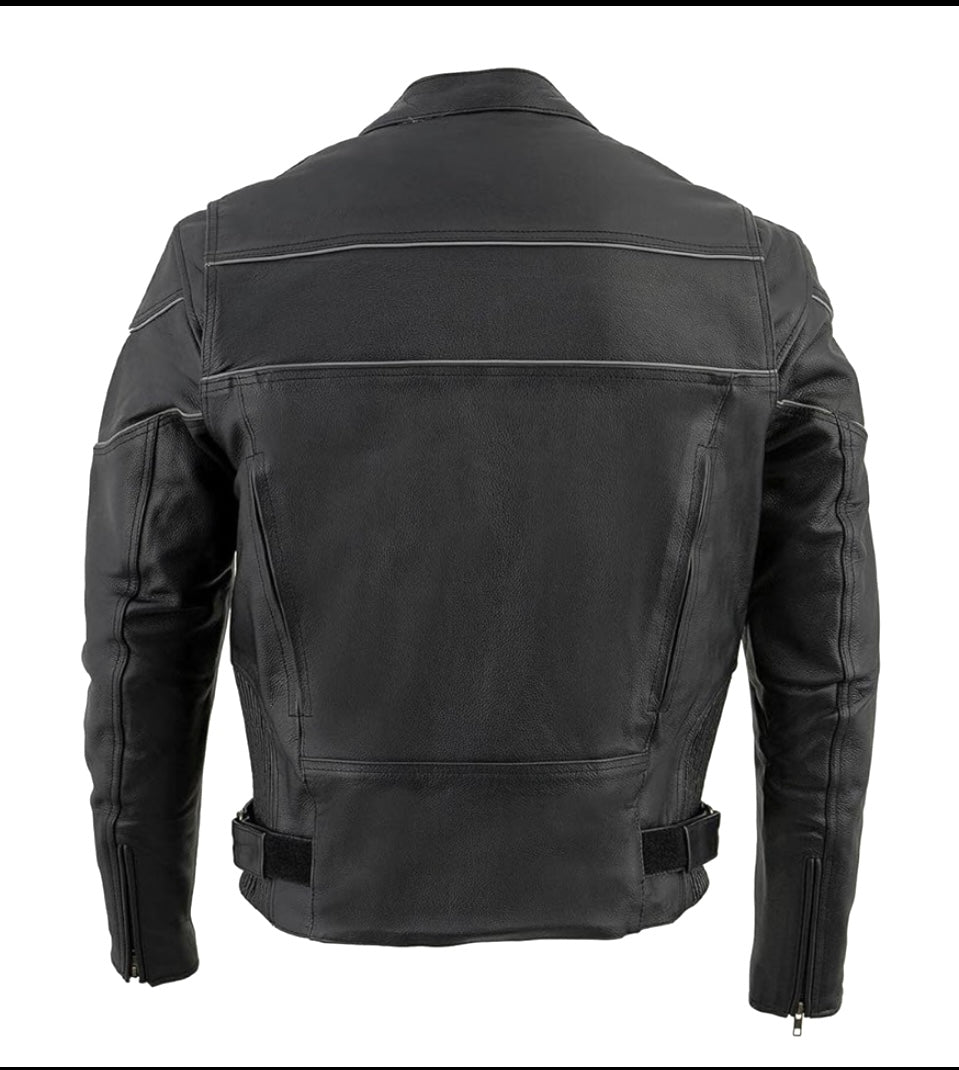 New Milwaukee Men's Black Leather Scooter Style Motorcycle Jacket, With Side Stretch & Reflective Piping, SH1785