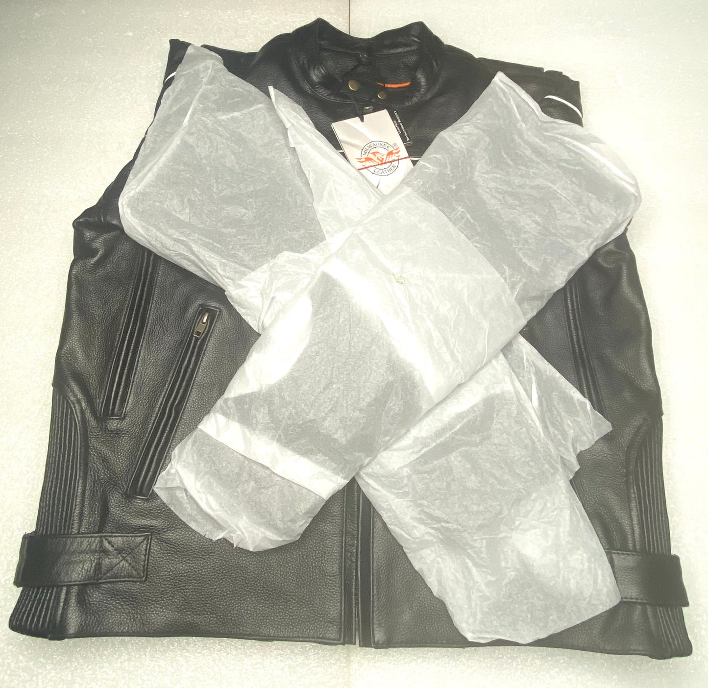New Milwaukee Men's Black Leather Scooter Style Motorcycle Jacket, With Side Stretch & Reflective Piping, SH1785