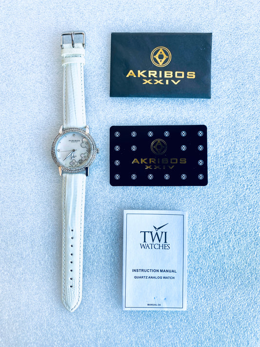 Akribos XXIV Diamond White Mother of Pearl Dial Ladies Watch, AK580SSW