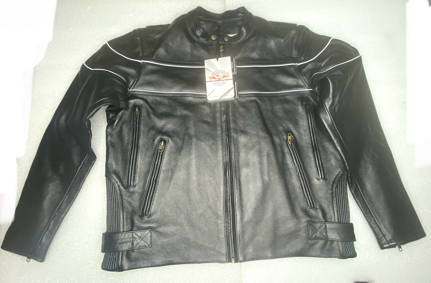 New Milwaukee Men's Black Leather Scooter Style Motorcycle Jacket, With Side Stretch & Reflective Piping, SH1785