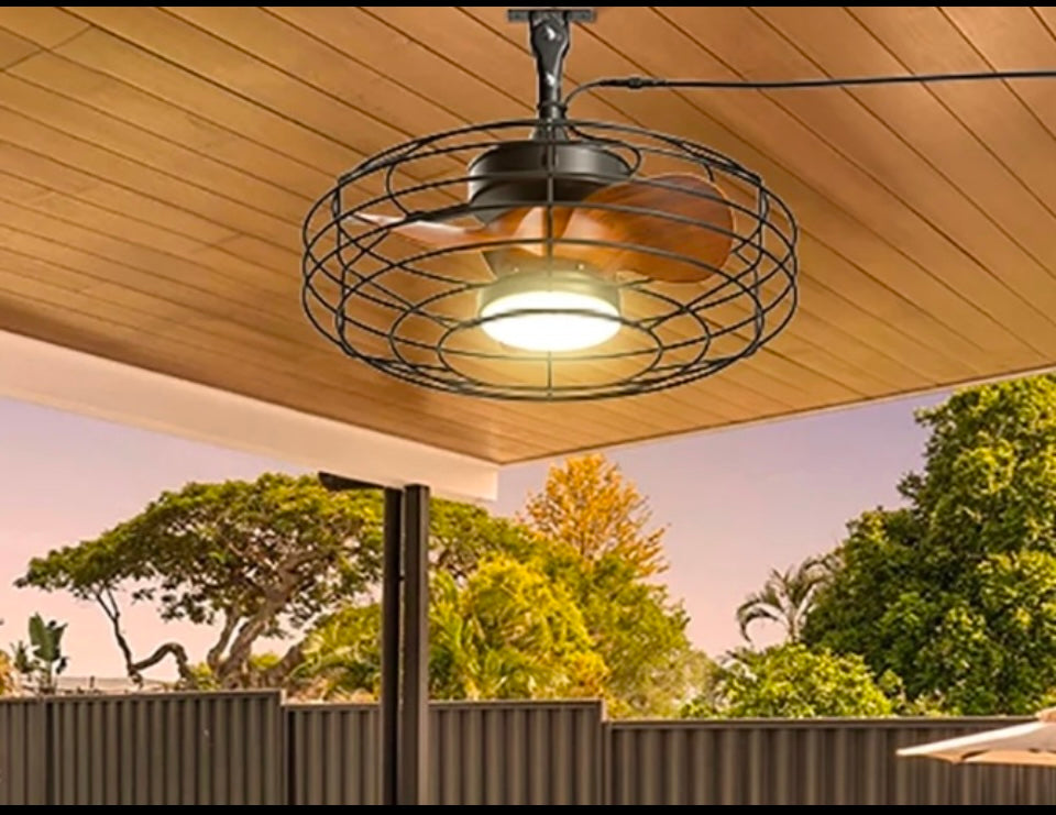 New Other Ohniyou 20" Outdoor Caged Ceiling Fan with Lights, Remote Control & Downrod Mount Hook, Brown