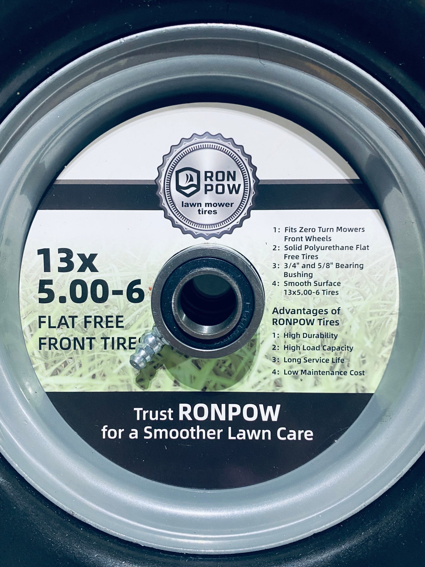 lot Of 2 New Other Run Pow 13x6.50-6 Front Flat Free Lawn Mower Tires For With 3/4" & 5/8" Bearing & 3.25"-7.65" Center Hub, Gray