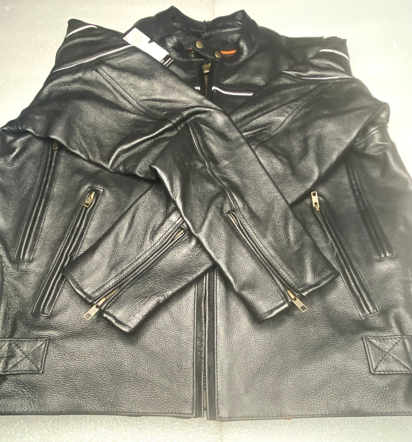 New Milwaukee Men's Black Leather Scooter Style Motorcycle Jacket, With Side Stretch & Reflective Piping, SH1785