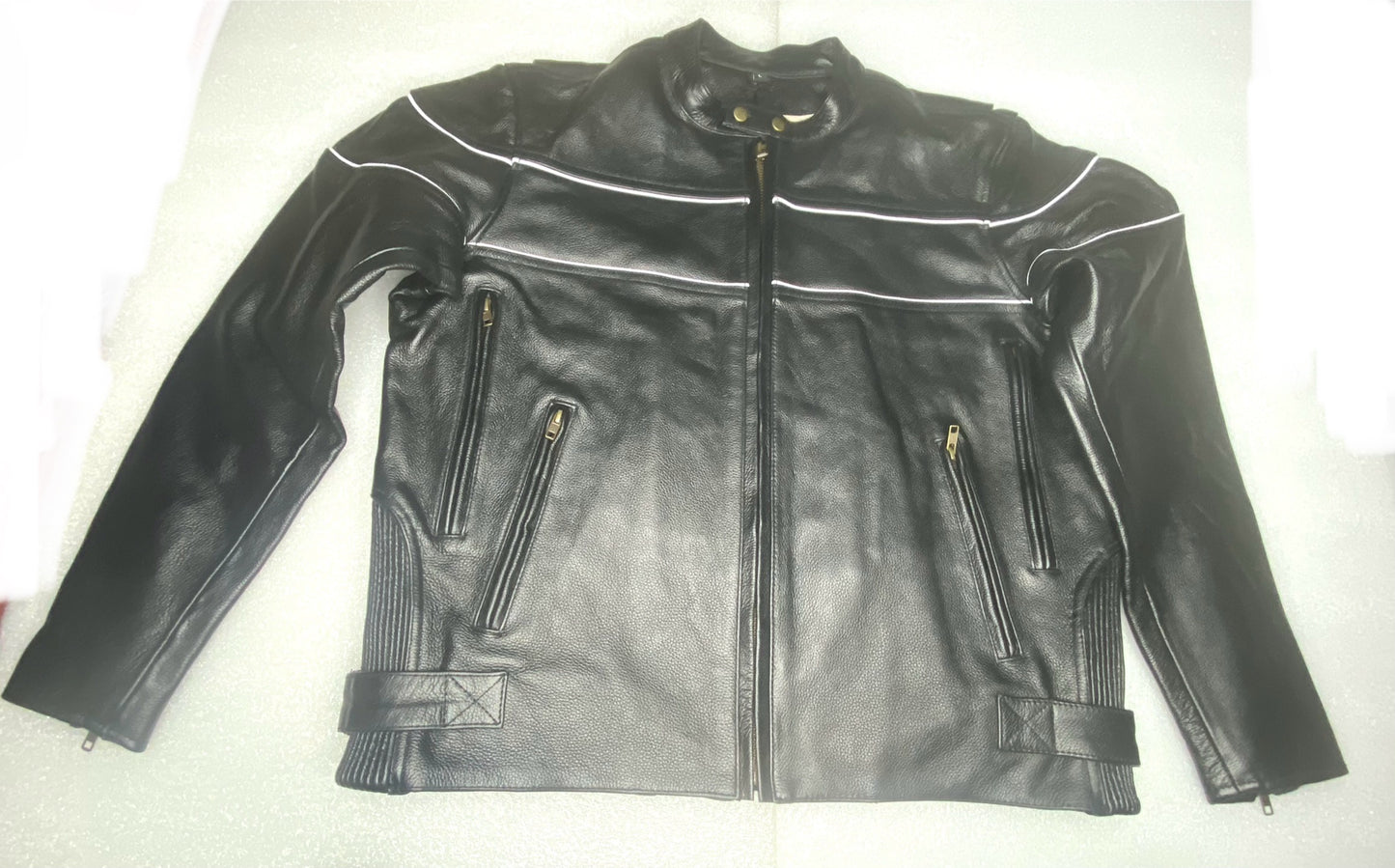 New Milwaukee Men's Black Leather Scooter Style Motorcycle Jacket, With Side Stretch & Reflective Piping, SH1785