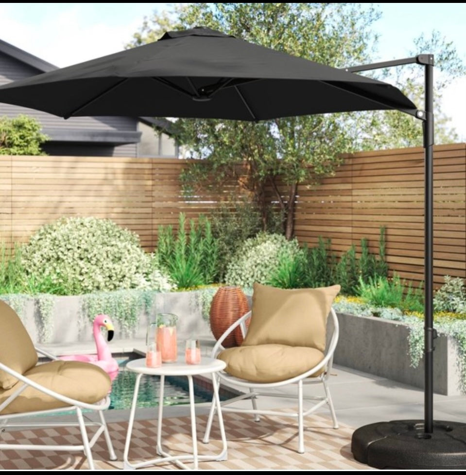 New Other Room Essentials 7.5' Round Offset Outdoor Patio Cantilever 360° Rotate Umbrella, With Base & Push-Up Lift, Black