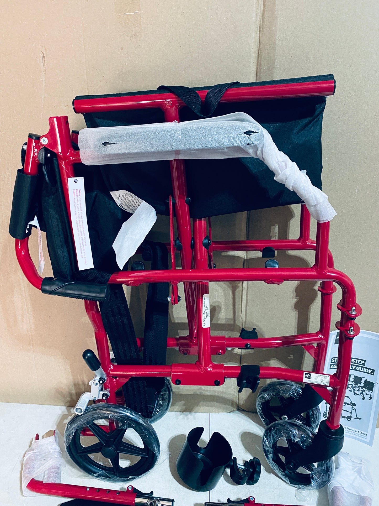 New Open Box Medline Ultra Lightweight Foldable Transport Wheelchair With 19” Seat Width for Adults, Red