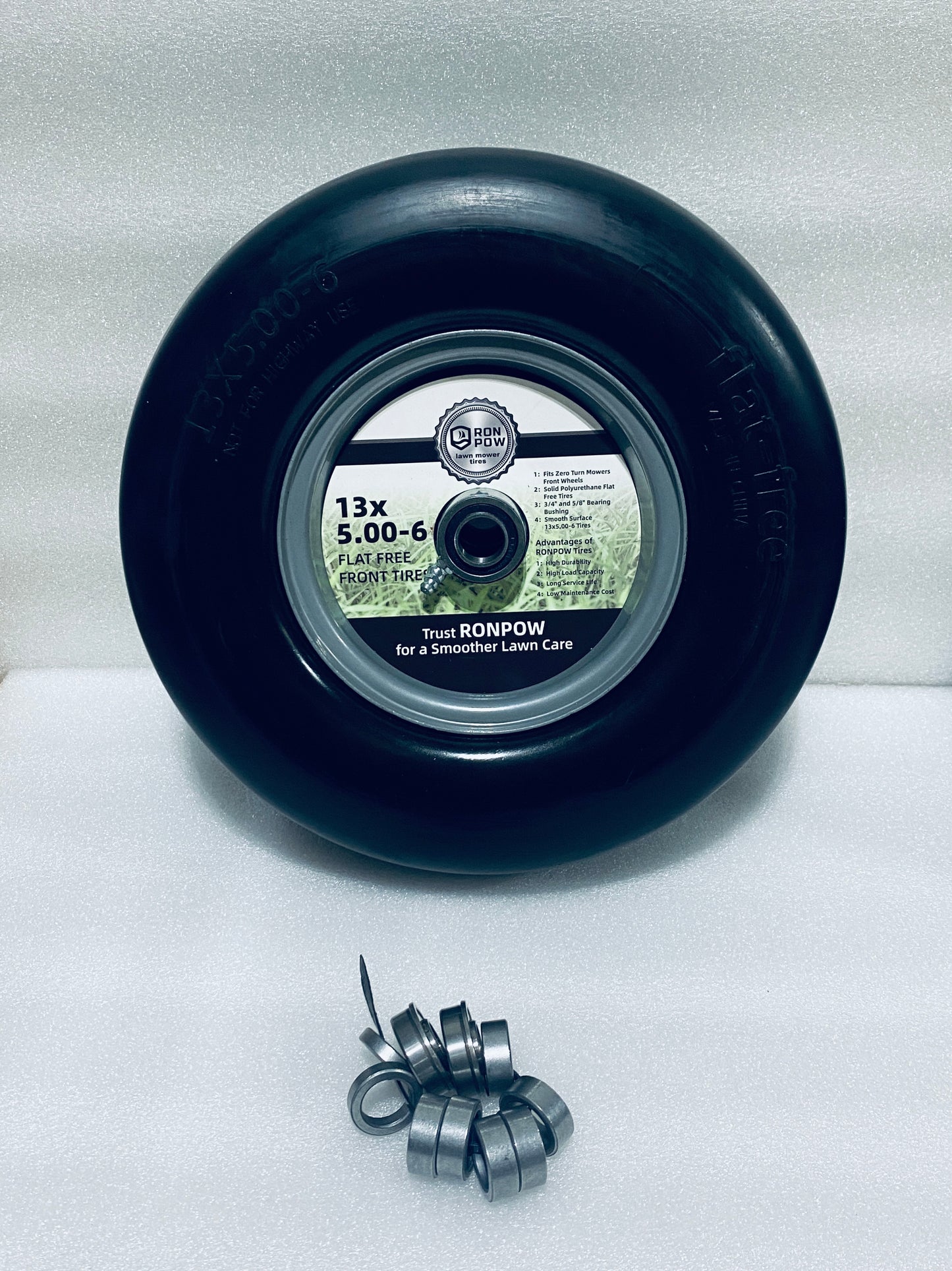 lot Of 2 New Other Run Pow 13x6.50-6 Front Flat Free Lawn Mower Tires For With 3/4" & 5/8" Bearing & 3.25"-7.65" Center Hub, Gray