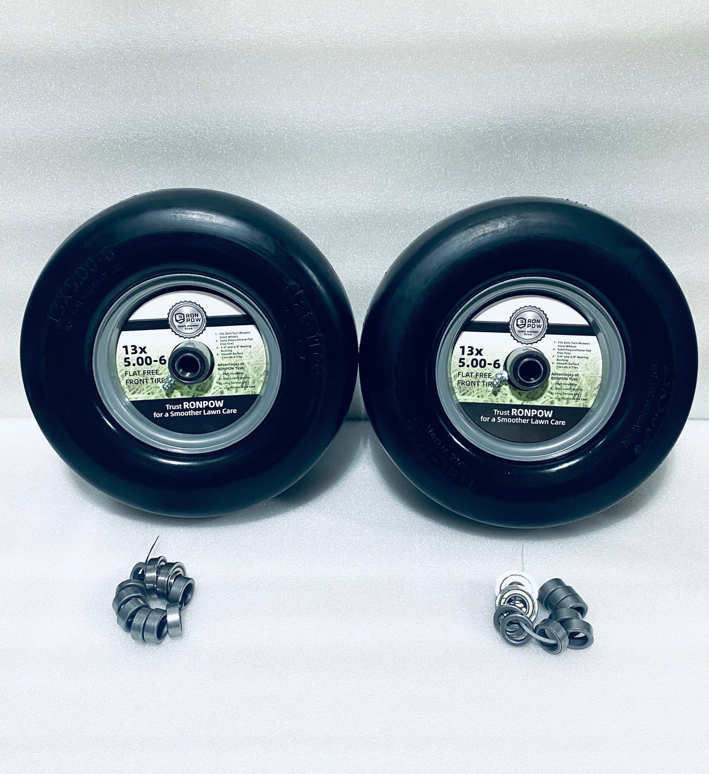 lot Of 2 New Other Run Pow 13x6.50-6 Front Flat Free Lawn Mower Tires For With 3/4" & 5/8" Bearing & 3.25"-7.65" Center Hub, Gray