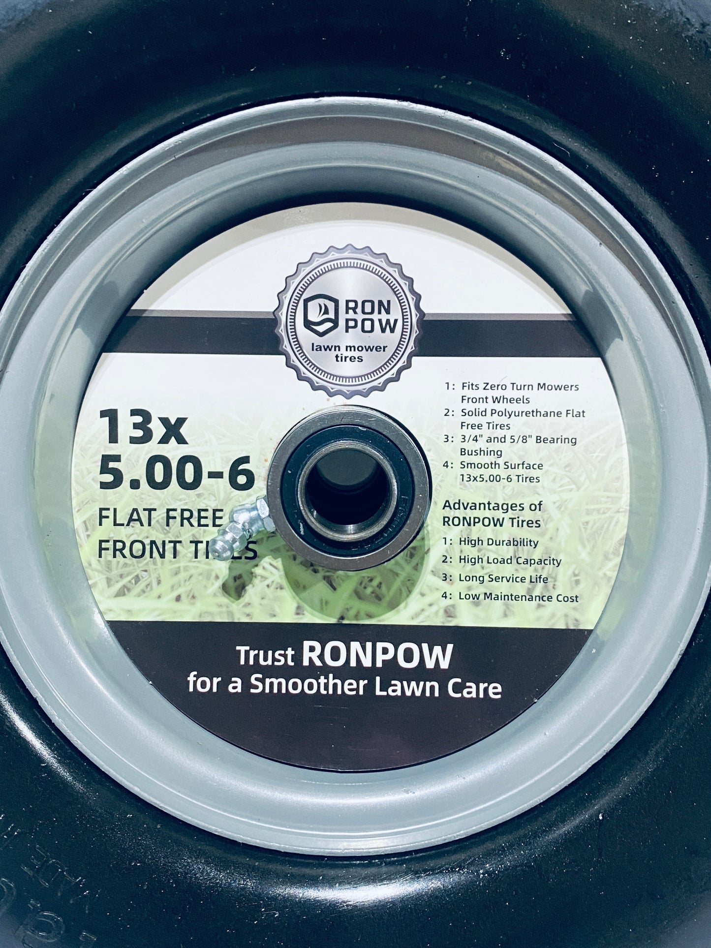lot Of 2 New Other Run Pow 13x6.50-6 Front Flat Free Lawn Mower Tires For With 3/4" & 5/8" Bearing & 3.25"-7.65" Center Hub, Gray