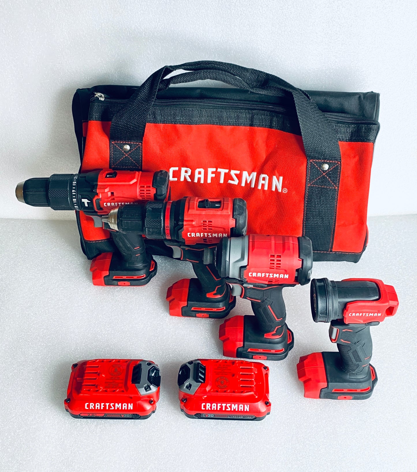 Lot Of 8 CRAFTSMAN V20 Cordless Hammer Drill, Impact Driver, Drill/Driver, LED Handheld Work Light, 2 Batteries, Charger & Carrying Bag