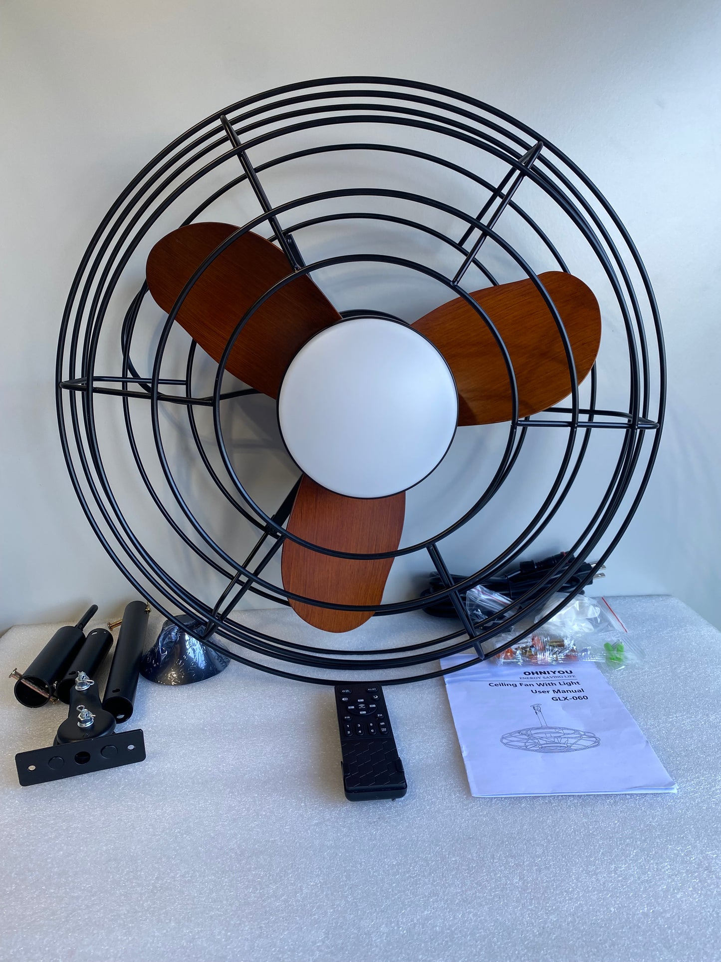 New Other Ohniyou 20" Outdoor Caged Ceiling Fan with Lights, Remote Control & Downrod Mount Hook, Brown