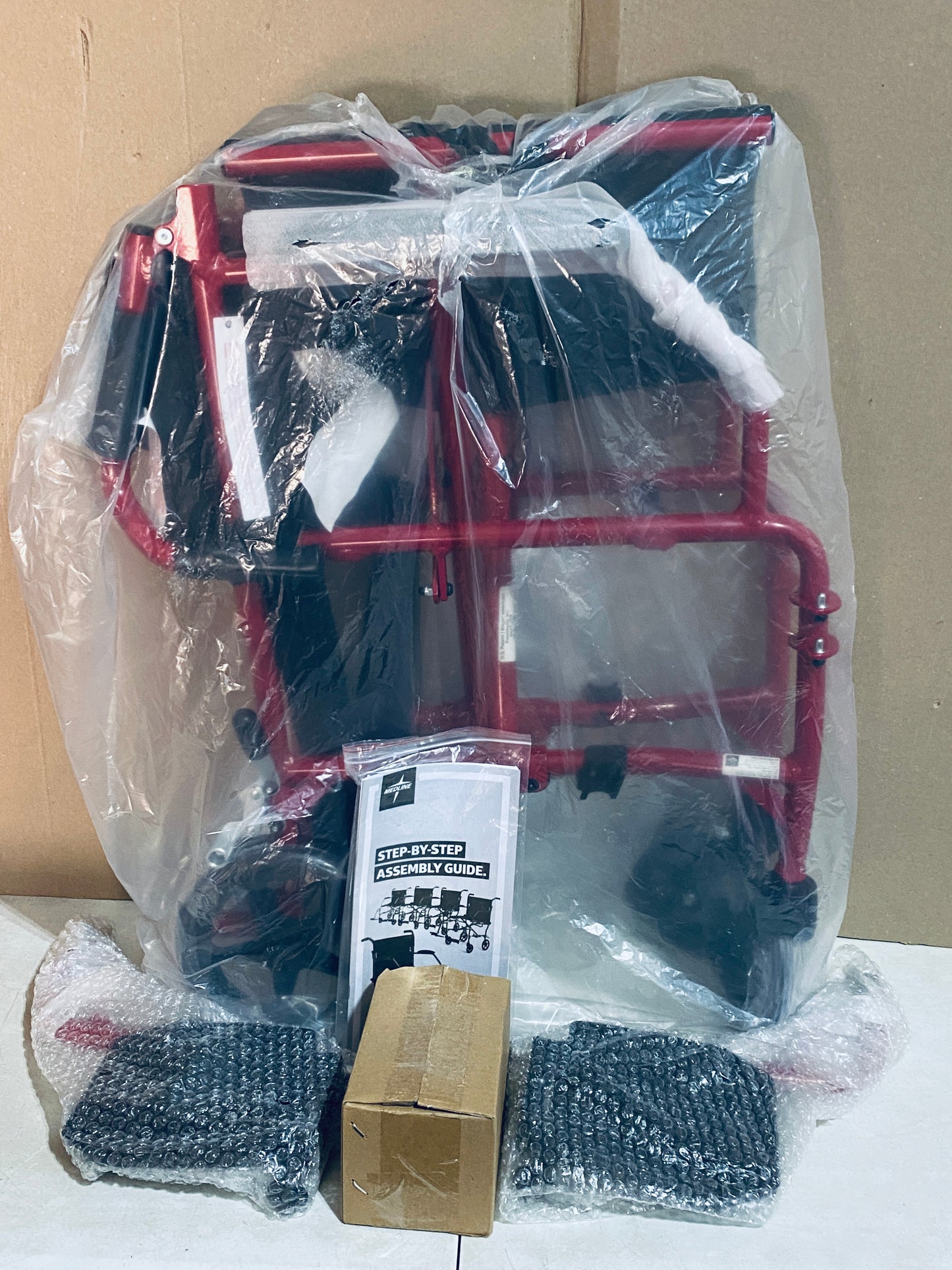 New Open Box Medline Ultra Lightweight Foldable Transport Wheelchair With 19” Seat Width for Adults, Red