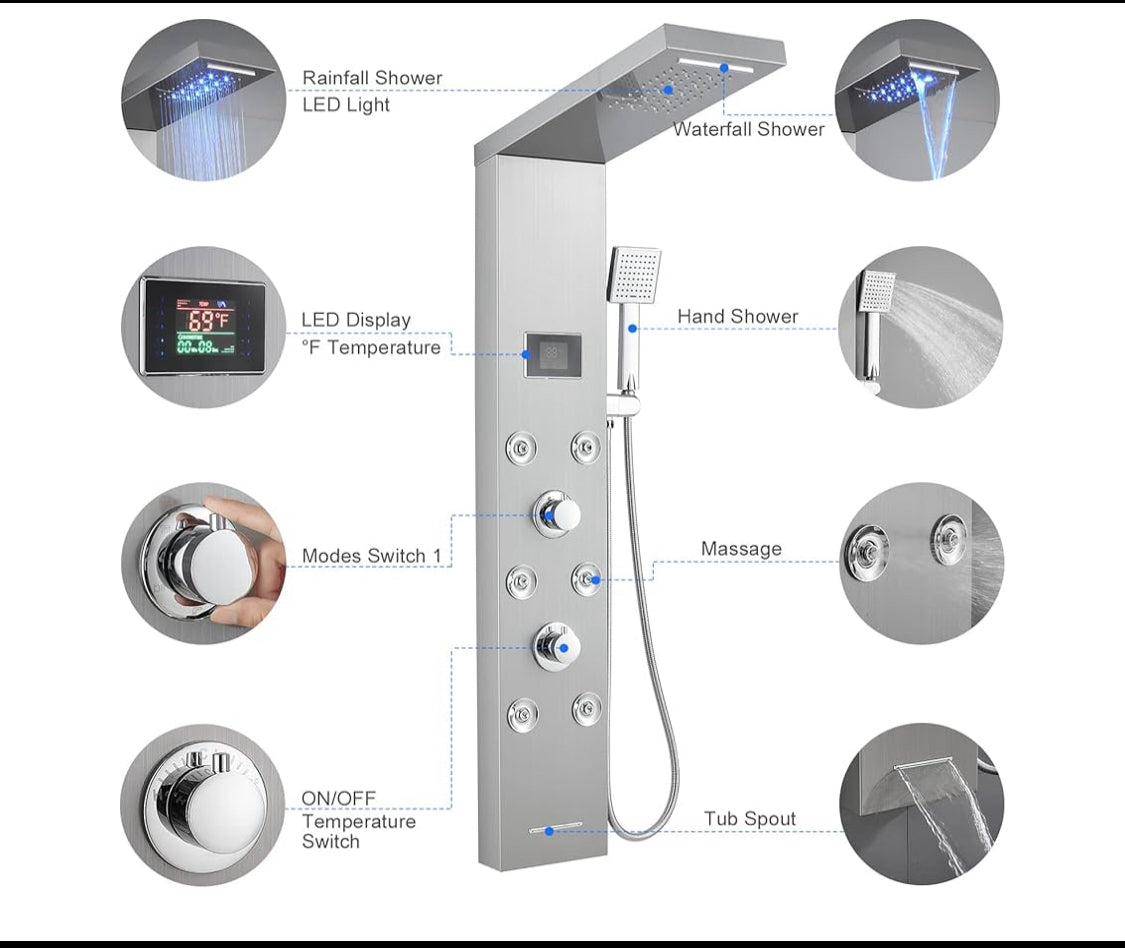 MENATT 5-In-1 Rainfall Shower Panel Tower System With LED Lights, Temperature Display, Pull Away Hand Shower & 6 Massage Body Jets, Brushed Nickel