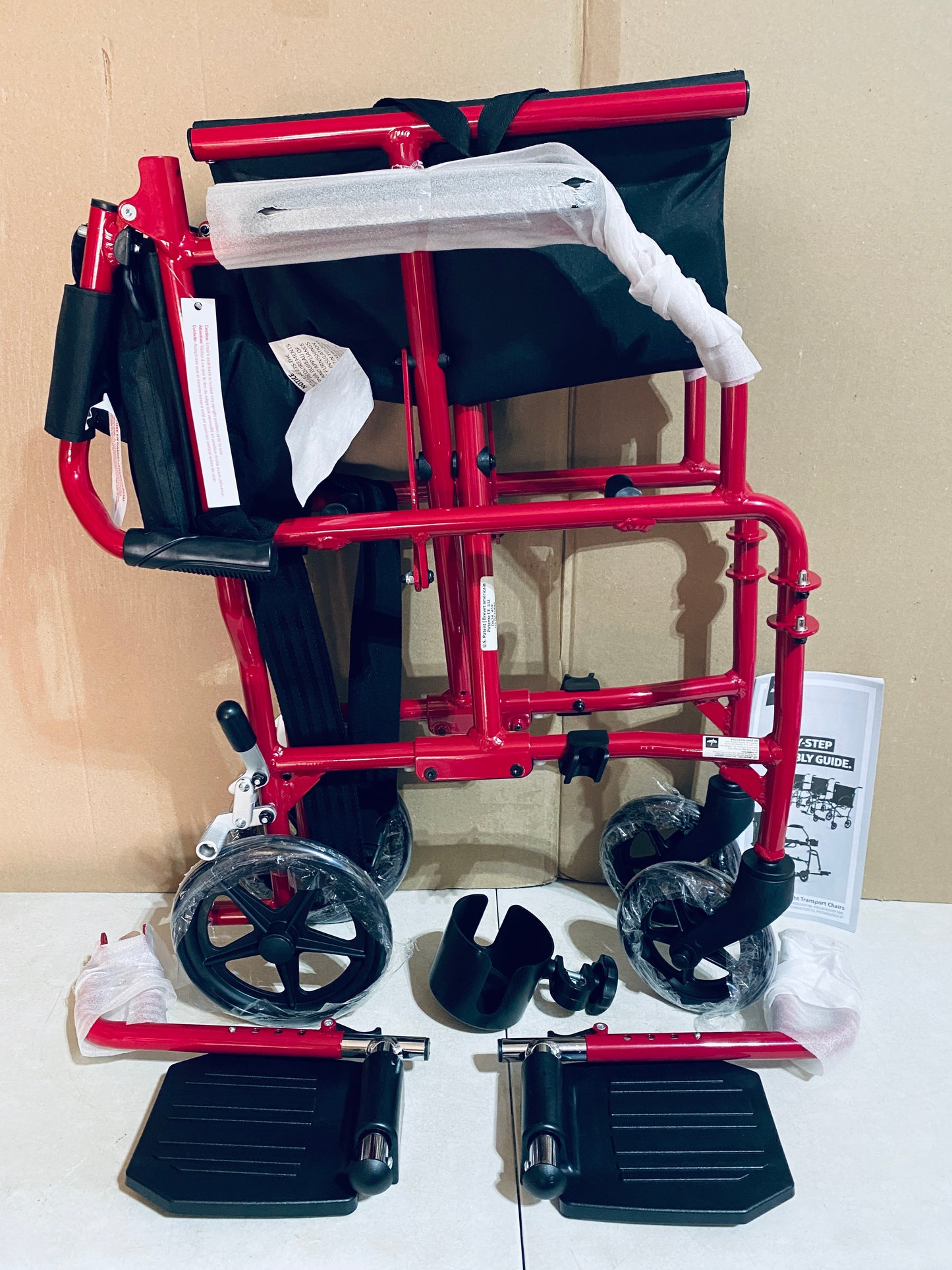 New Open Box Medline Ultra Lightweight Foldable Transport Wheelchair With 19” Seat Width for Adults, Red