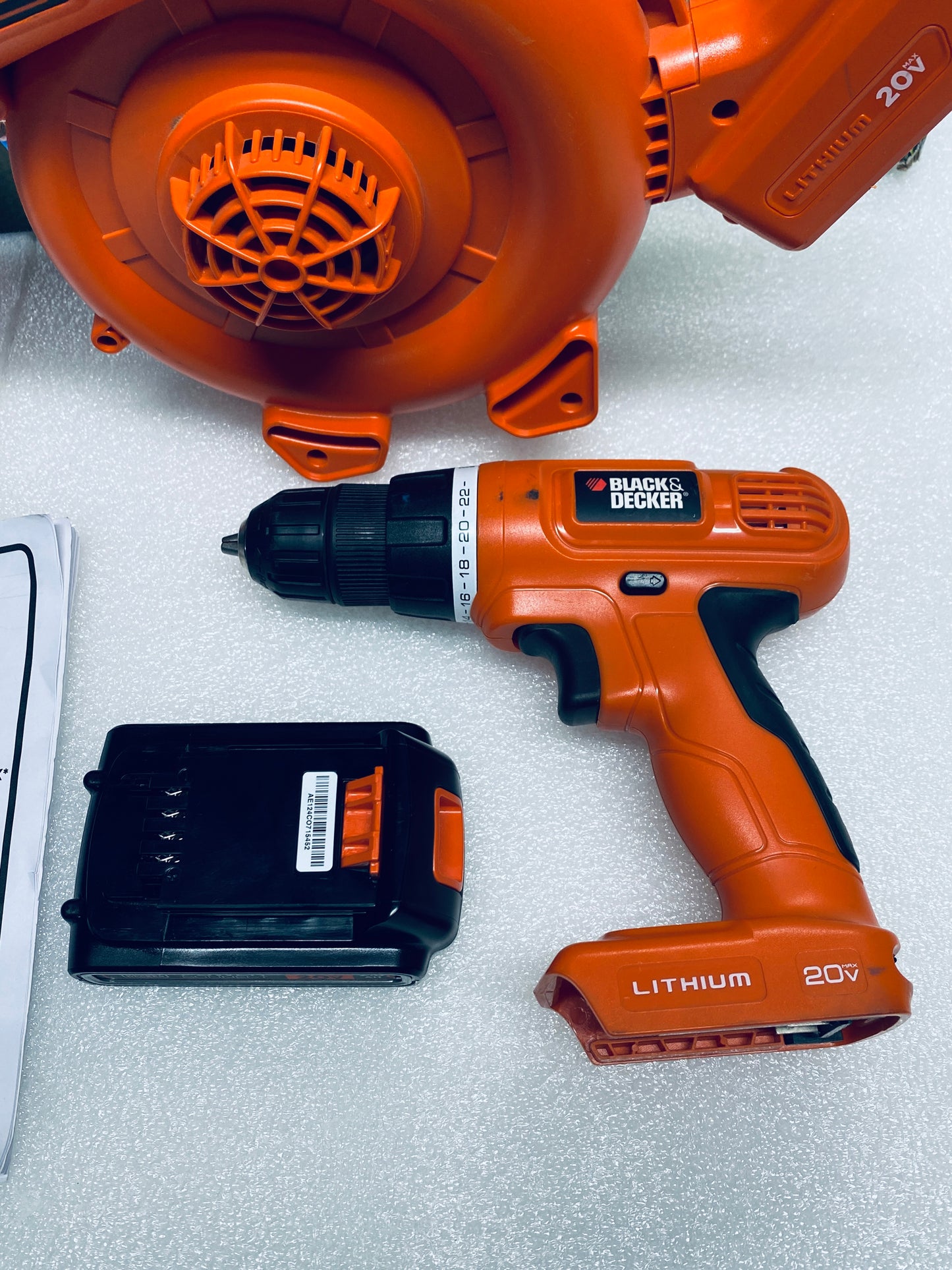 Lot Of 4 BLACK+DECKER 20V Cordless Drill/Driver, Leaf Blower, String Trimmer/Edger & Power Connect 2.0Ah Lithium Ion Battery