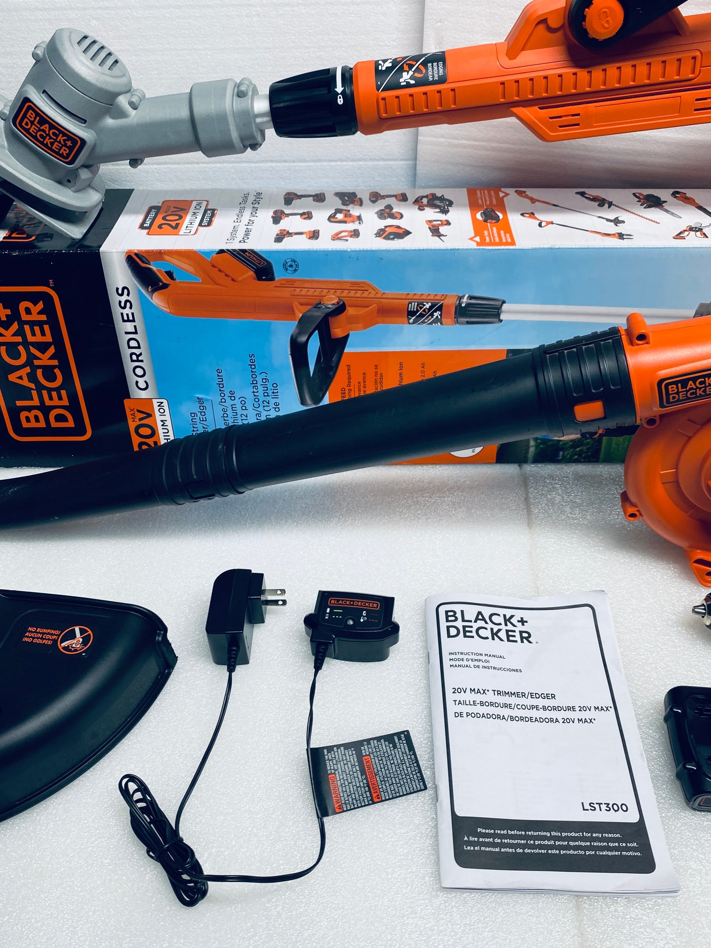 Lot Of 4 BLACK+DECKER 20V Cordless Drill/Driver, Leaf Blower, String Trimmer/Edger & Power Connect 2.0Ah Lithium Ion Battery