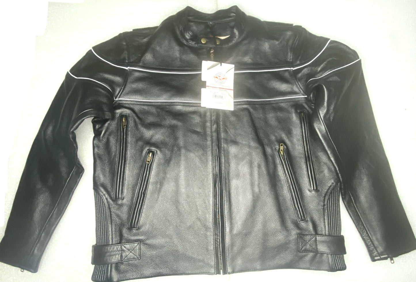New Milwaukee Men's Black Leather Scooter Style Motorcycle Jacket, With Side Stretch & Reflective Piping, SH1785