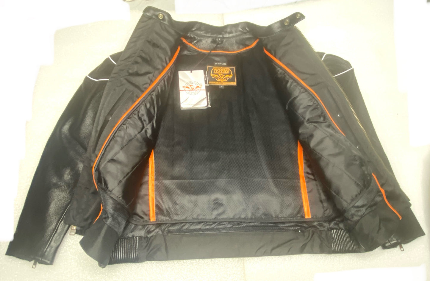 New Milwaukee Men's Black Leather Scooter Style Motorcycle Jacket, With Side Stretch & Reflective Piping, SH1785