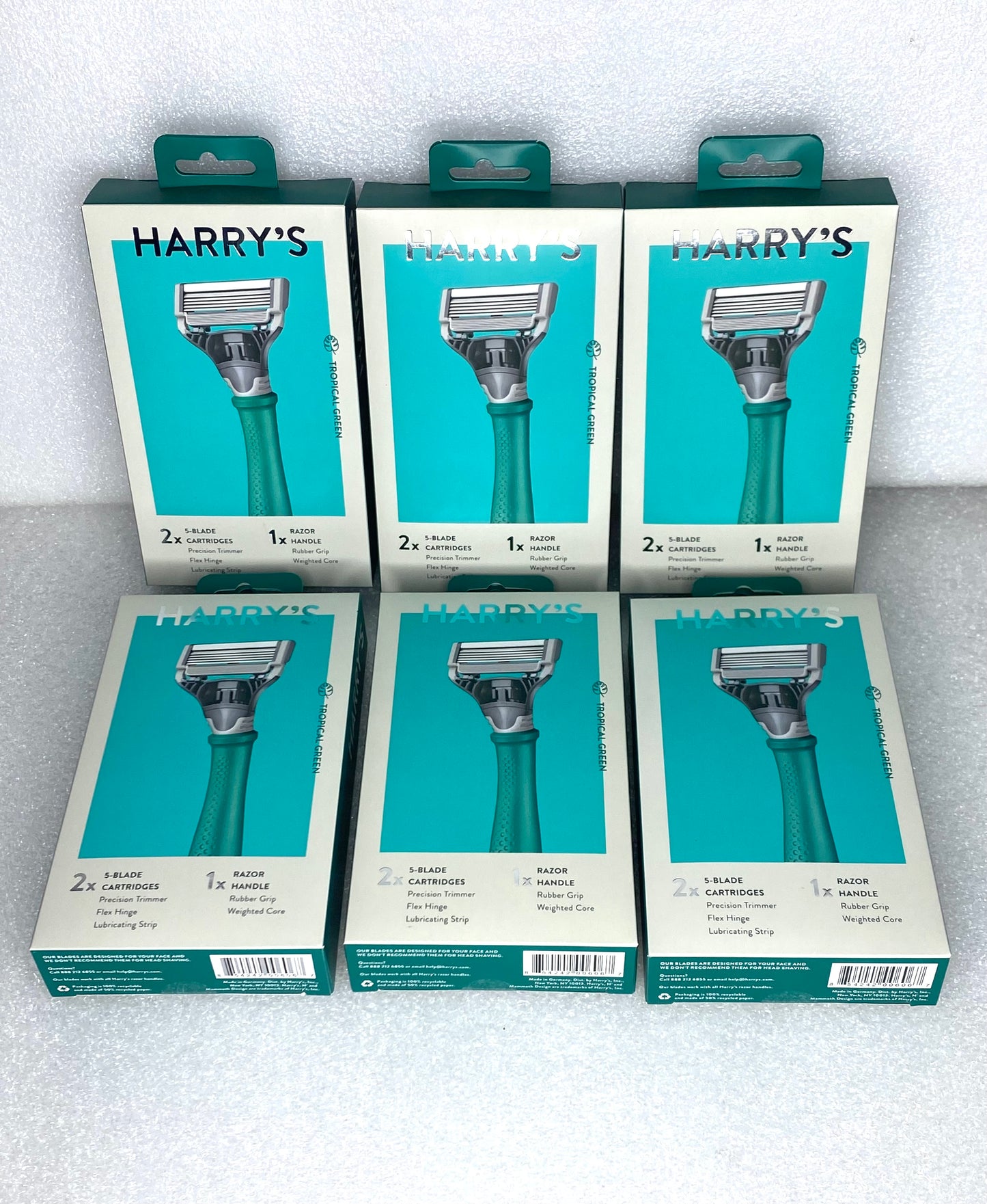 lot Of 6 - New Harry’s Tropical Green Razor Handle + 2 / 5-Blade Cartridges