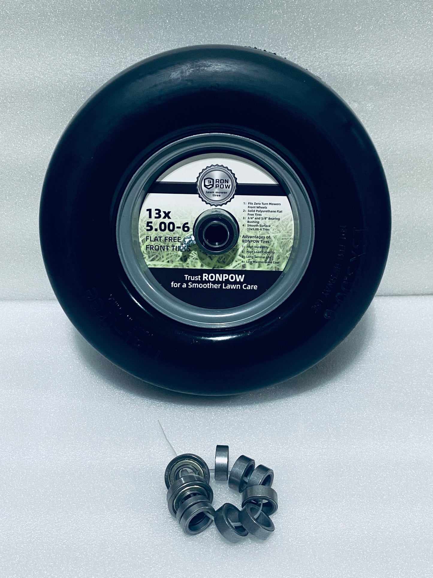 lot Of 2 New Other Run Pow 13x6.50-6 Front Flat Free Lawn Mower Tires For With 3/4" & 5/8" Bearing & 3.25"-7.65" Center Hub, Gray