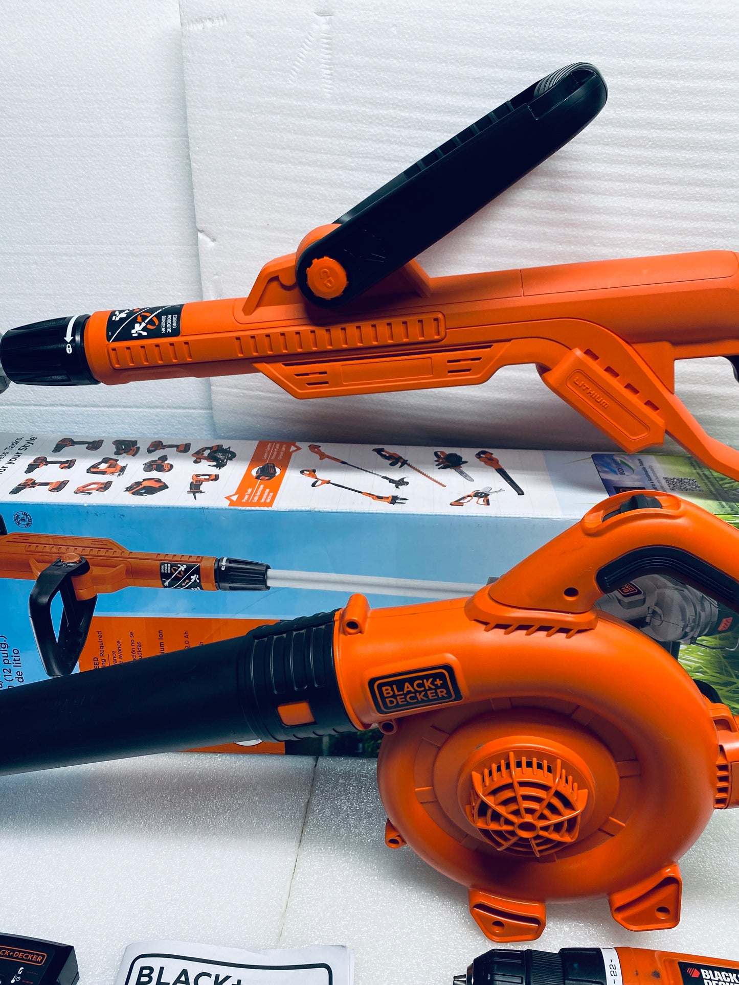 Lot Of 4 BLACK+DECKER 20V Cordless Drill/Driver, Leaf Blower, String Trimmer/Edger & Power Connect 2.0Ah Lithium Ion Battery