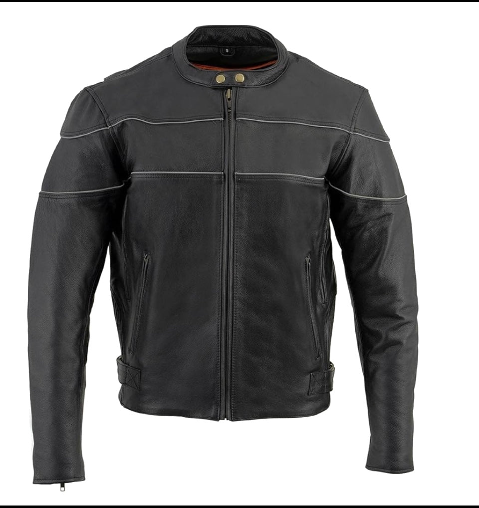 New Milwaukee Men's Black Leather Scooter Style Motorcycle Jacket, With Side Stretch & Reflective Piping, SH1785