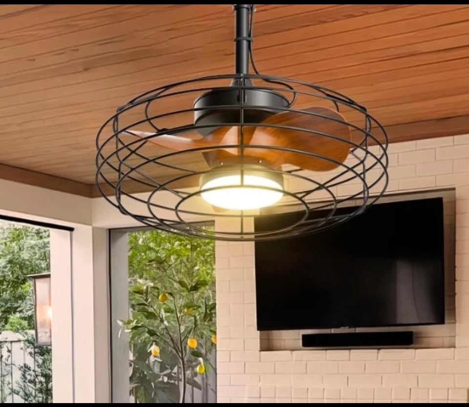 New Other Ohniyou 20" Outdoor Caged Ceiling Fan with Lights, Remote Control & Downrod Mount Hook, Brown
