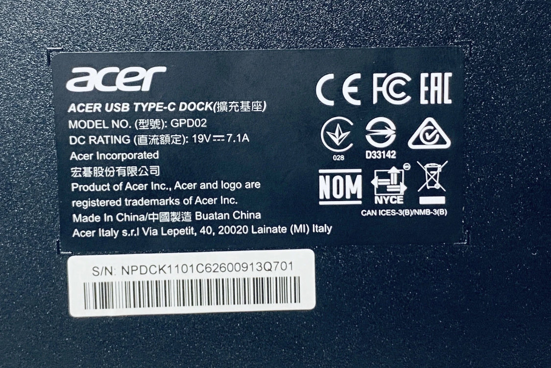 acer USB Type-C Black Docking Station With AC Adapter, GPD02