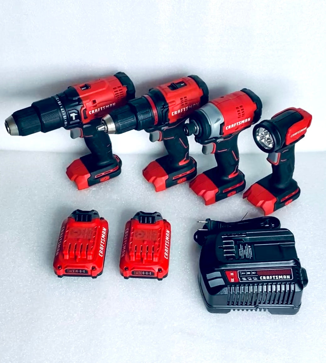 Lot Of 8 CRAFTSMAN V20 Cordless Hammer Drill, Impact Driver, Drill/Driver, LED Handheld Work Light, 2 Batteries, Charger & Carrying Bag