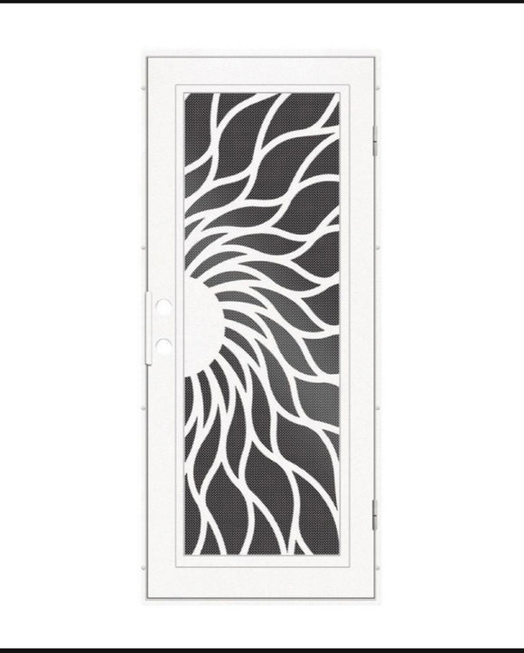 New Open Box Unique Home Designs 32in. x 80in. Sunfire White Right-Hand Surface Mount Aluminum Security Door with Black Perforated Metal Screen
