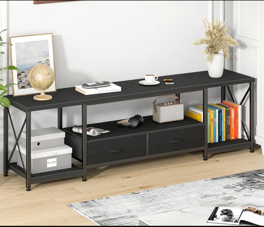 Gyiiyou 63” TV Stand With Fabric Drawers & Open Storage Shelves For 65”, 70” & 75” TVs, Black