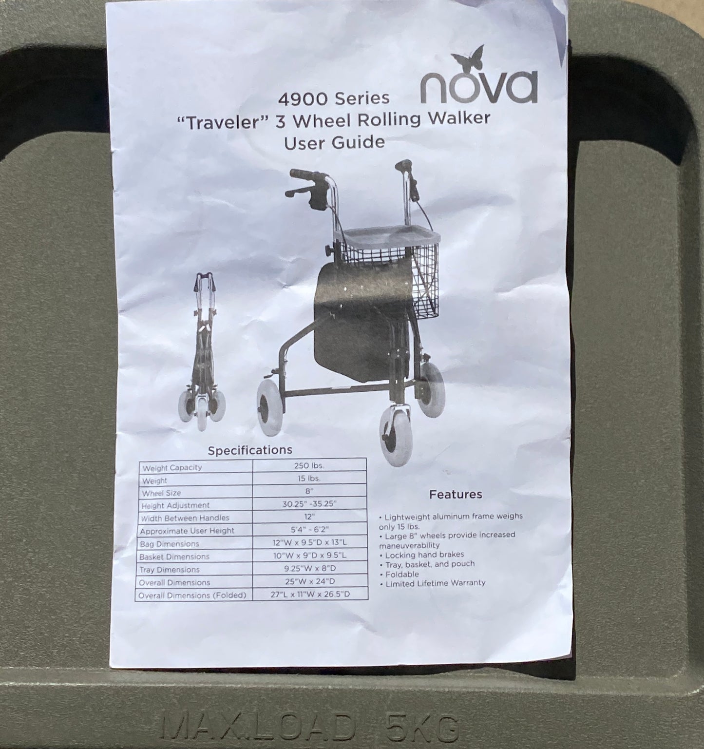 Nova Traveler 3-Wheel Rolling Walker, Black