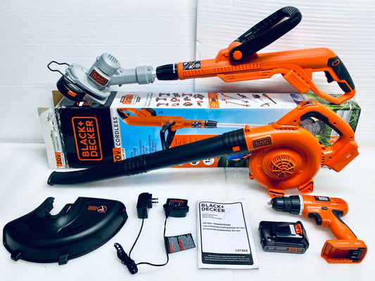 Lot Of 4 BLACK+DECKER 20V Cordless Drill/Driver, Leaf Blower, String Trimmer/Edger & Power Connect 2.0Ah Lithium Ion Battery