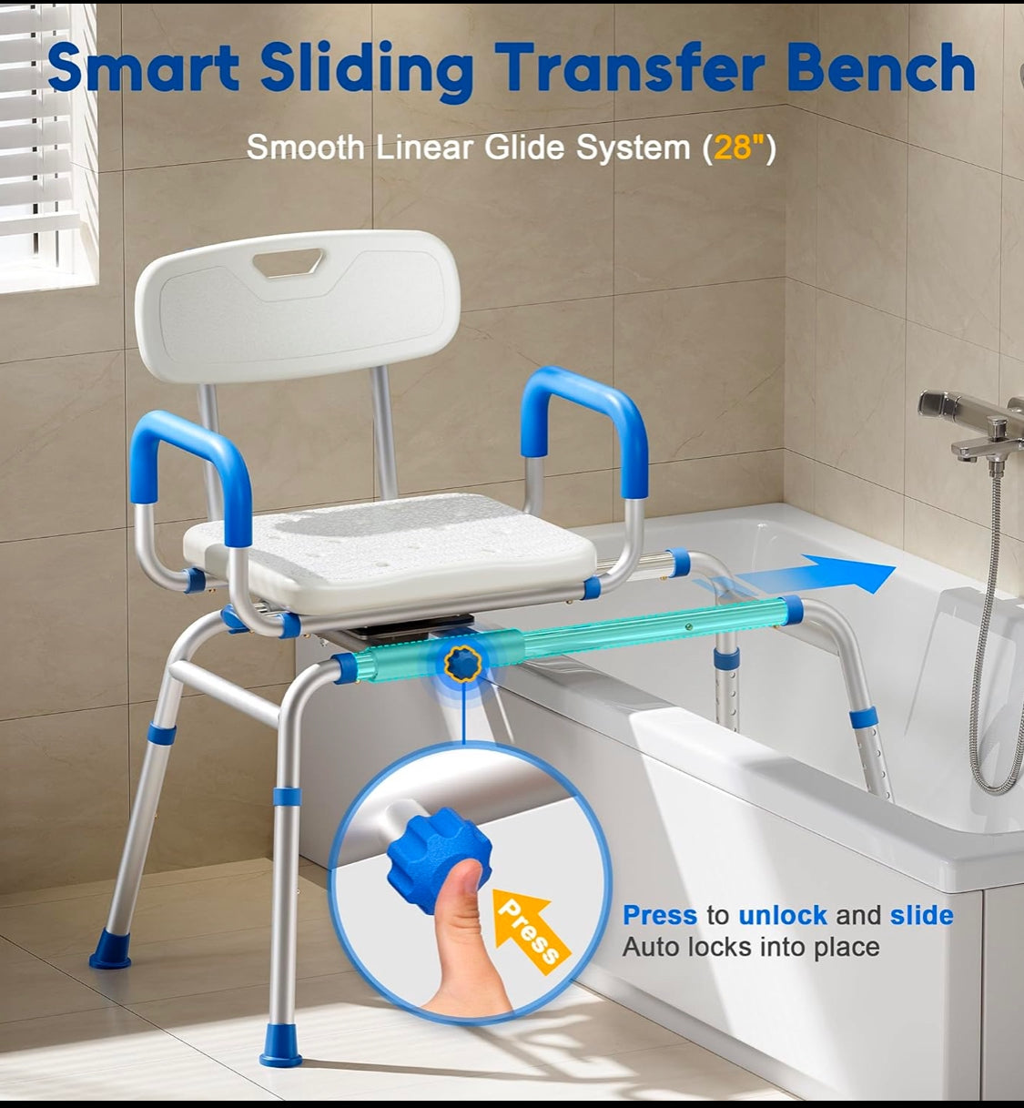 New Other Bluelog Sliding Shower Tub Transfer Bench Chair with Extra-Wide 360° Swivel Seat, FST5220