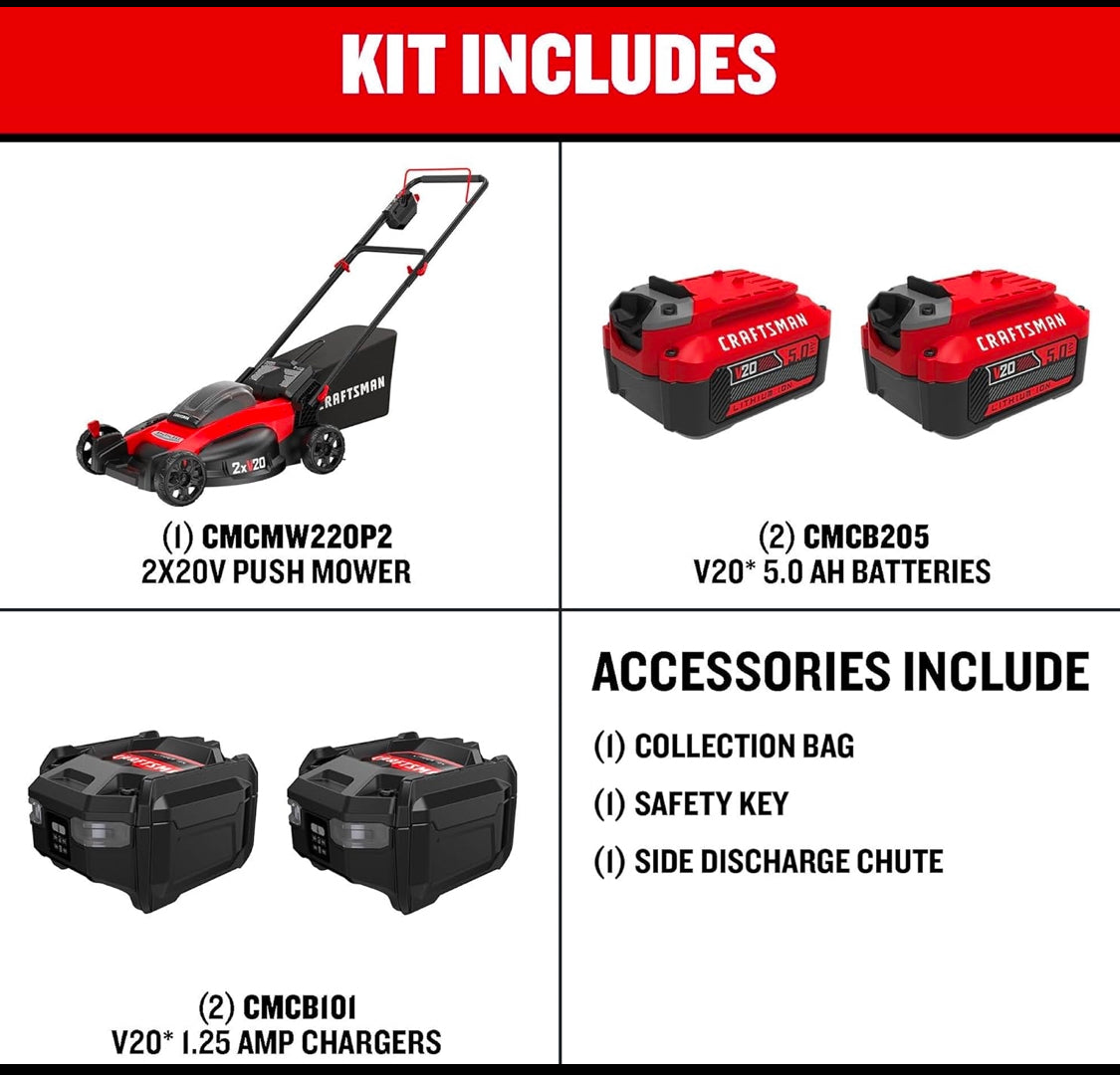 New CRAFTSMAN 2xV20 20” Lawn Mower With Grass Bag, 2 Batteries & 2 Charger, CMCMW220P2