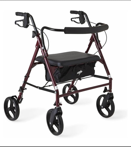 New Other Medline Large 8” Wheels Steel Bariatric Rollator Walker with Padded Seat & Backrest, Burgundy