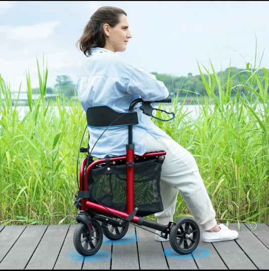 New Other Walk Mate 8” Tri-Wheel Lightweight Foldable Rollator Walker with Seat & Padded Backrest, Red