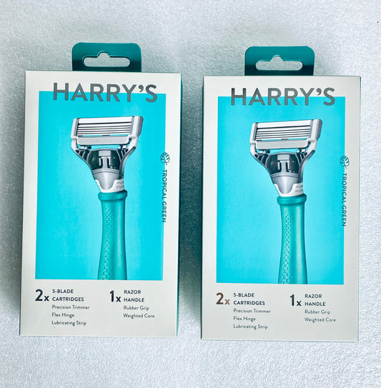lot Of 2 - New Harry’s Tropical Green Razor Handle + 2 / 5-Blade Cartridges