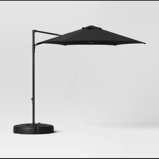 New Other Room Essentials 7.5' Round Offset Outdoor Patio Cantilever 360° Rotate Umbrella, With Base & Push-Up Lift, Black