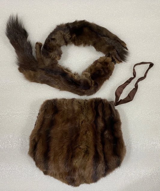 genuine Mink Fur Hand Warmer Approx. 10" With Wrist Strap & Collar Neck Scarf Approx. 21", Brown